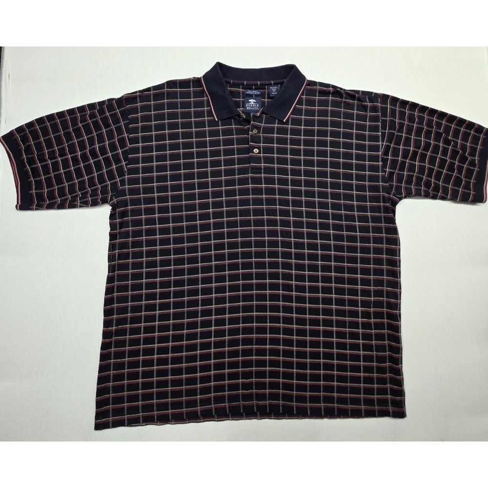 Pebble Beach Polo Shirt XL Navy Red White Grid Mercerized Cotton Golf Casual